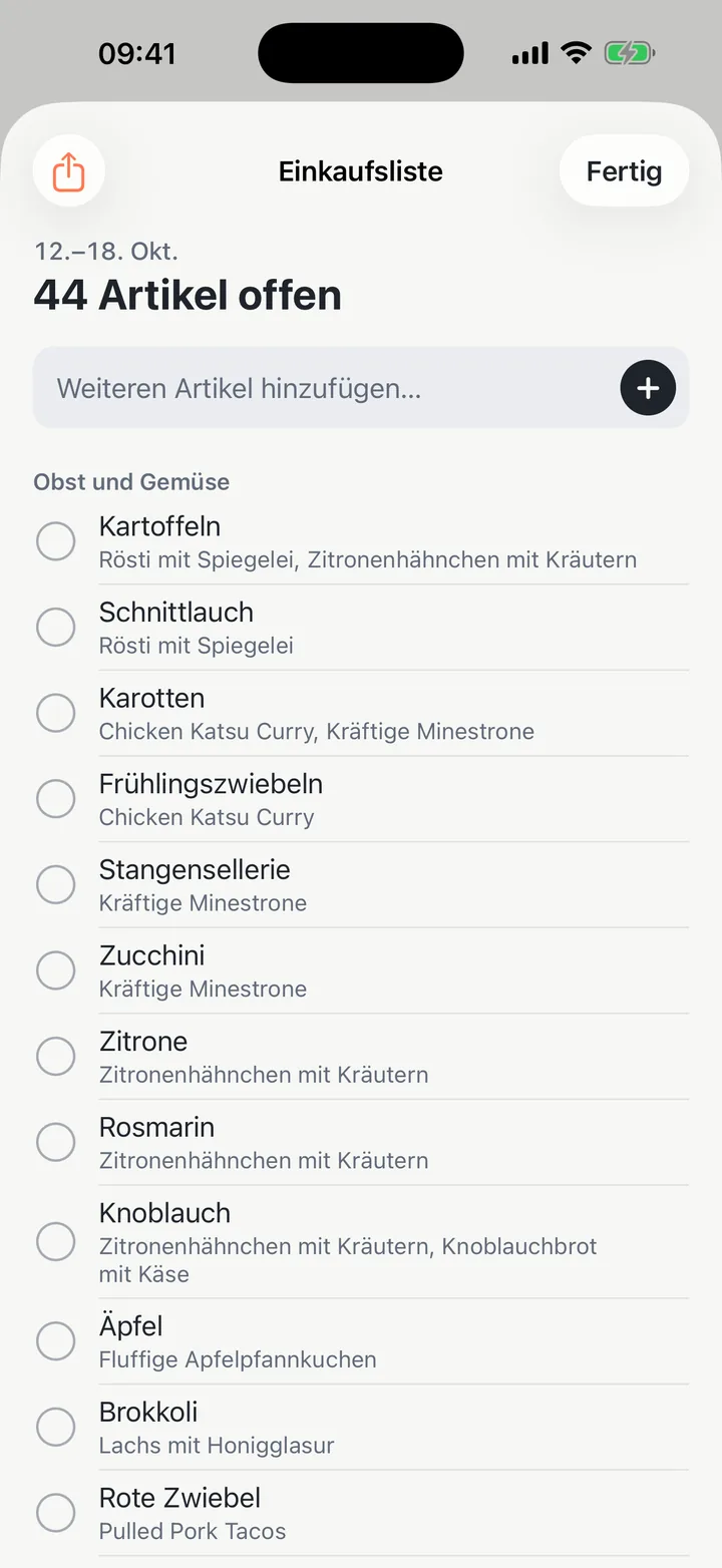 Die Einkaufsliste, die Yadlo aus dem Wochenplan erstellt
